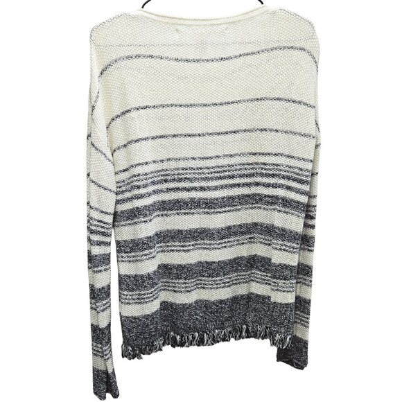 WOMEN'S MAX STUDIO KNIT NAUTICAL BLUE & IVORY STRIPED FRINGE HEM SWEATER SMALL - Picture 2 of 6